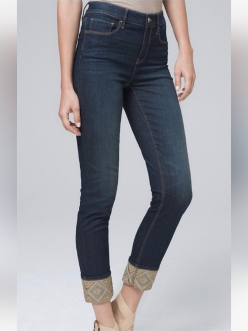 WHBM The Slim Crop Gold Embroidered Cuff Jeans 6